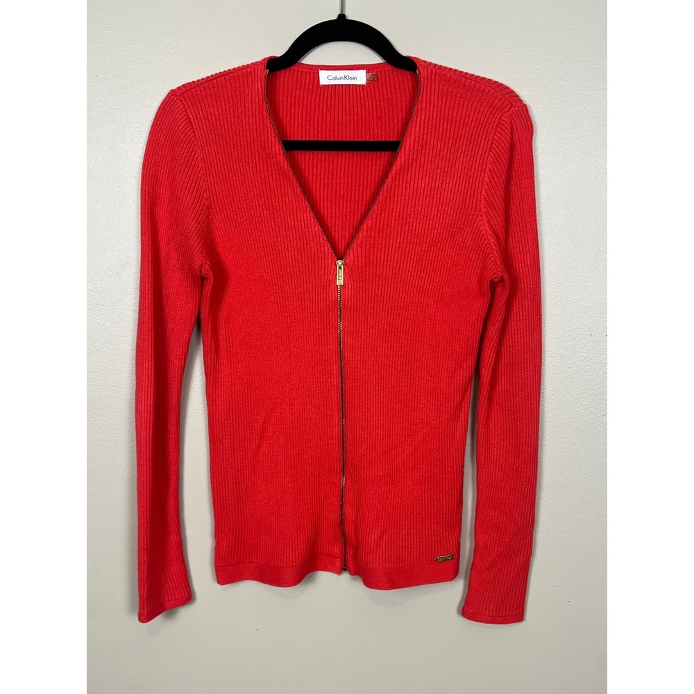 Calvin Klein Womens Red Ribbed Knit Full Zip Long Sleeve Cardigan Sweater